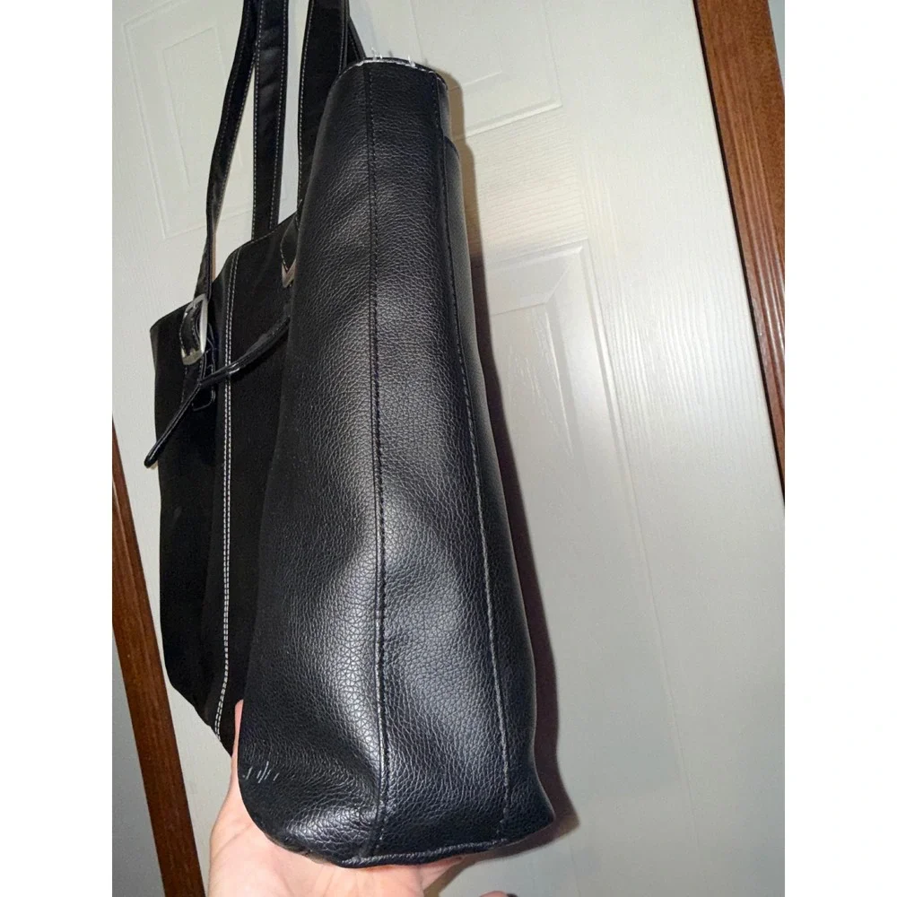 Solo Black Faux Leather Laptop Tote Bag Large Buckle Detail Blue Interior